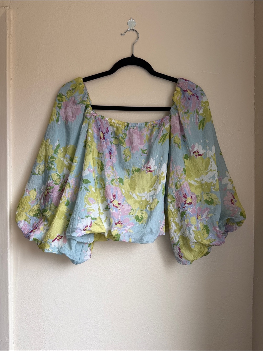 Calypso St. Barth Pastel Floral Off-Shoulder Puff Sleeve Coastal Chic Blouse L